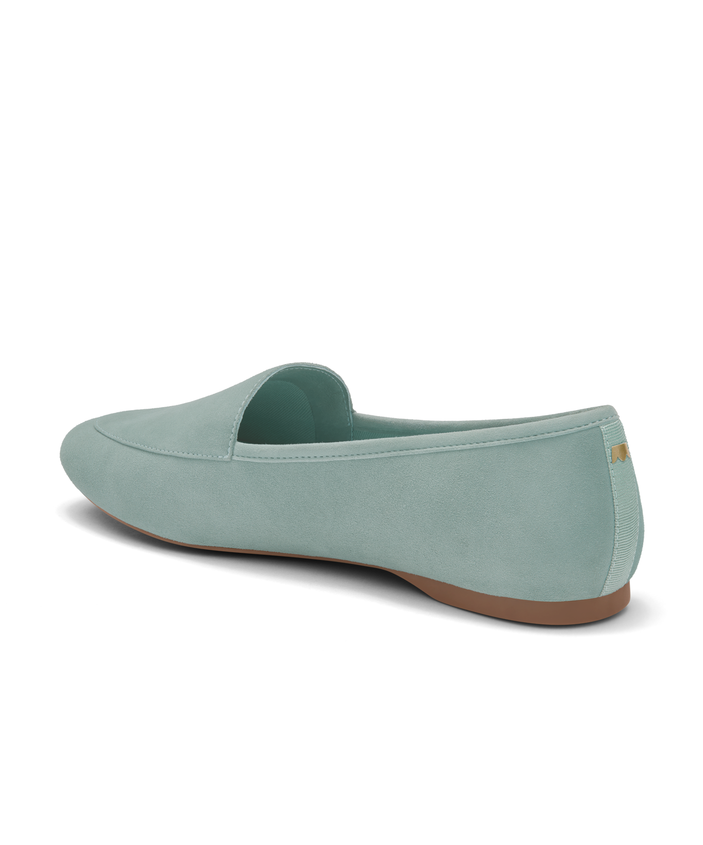 back 3/4ths view of the Vesper loafer in marina (light teal) suede
