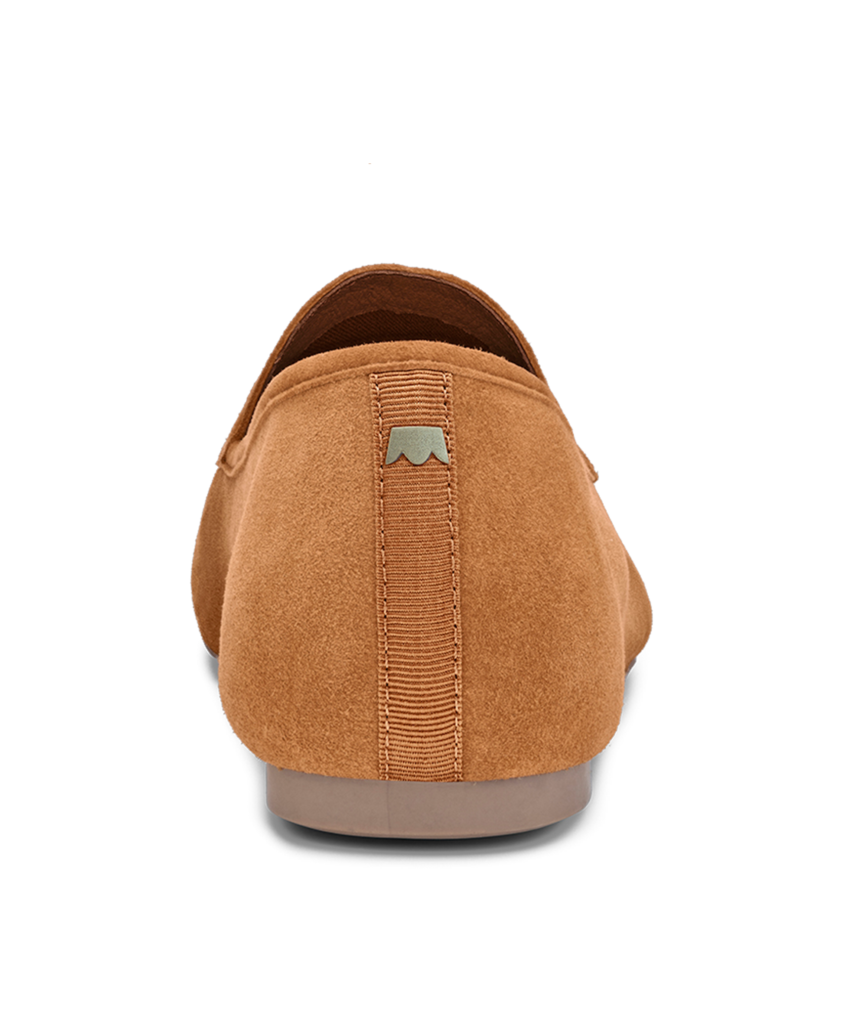 back view of the Vesper loafer in Toffee (tan) Suede
