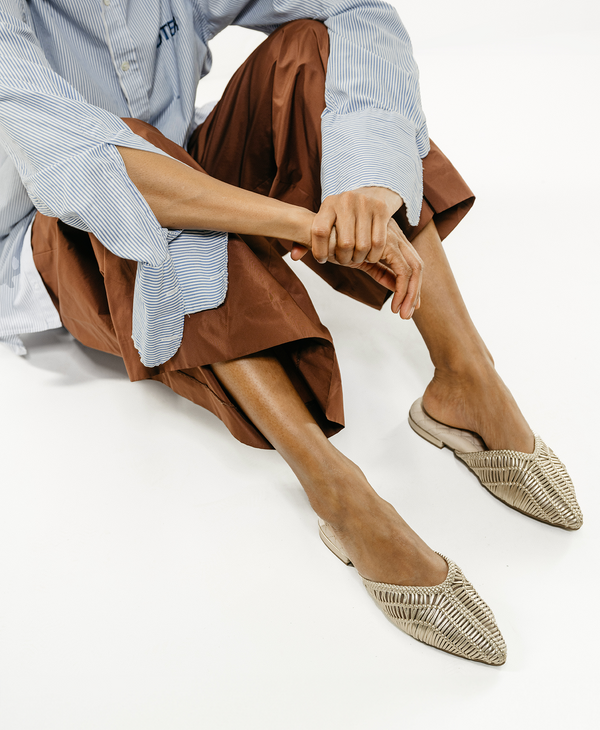 The Swan Gold Woven Leather Women's Slides Birdies