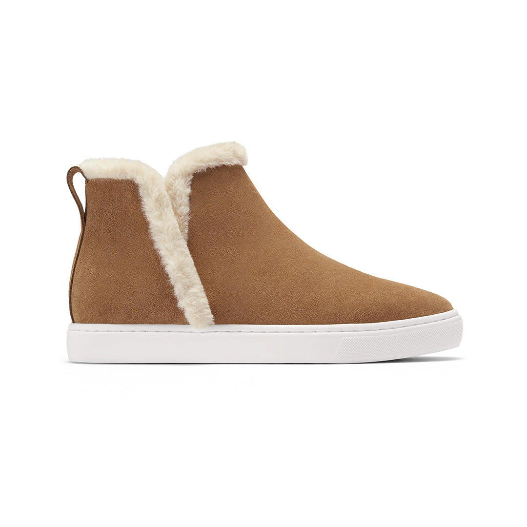 Women's sneaker boot - Water resistant saddle brown suede with faux fur trim