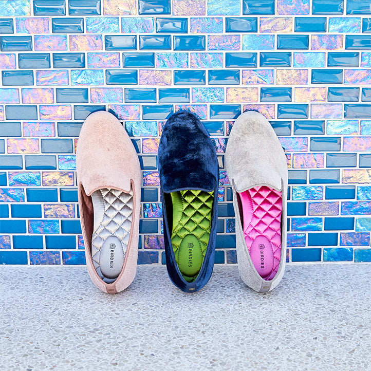 Birdies spring Starling flats in pink, dark blue, and gray velvet with colored insoles