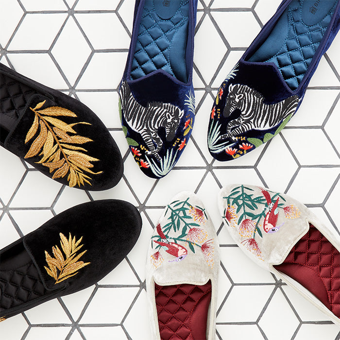 velvet flats embroidered with nature-inspired art