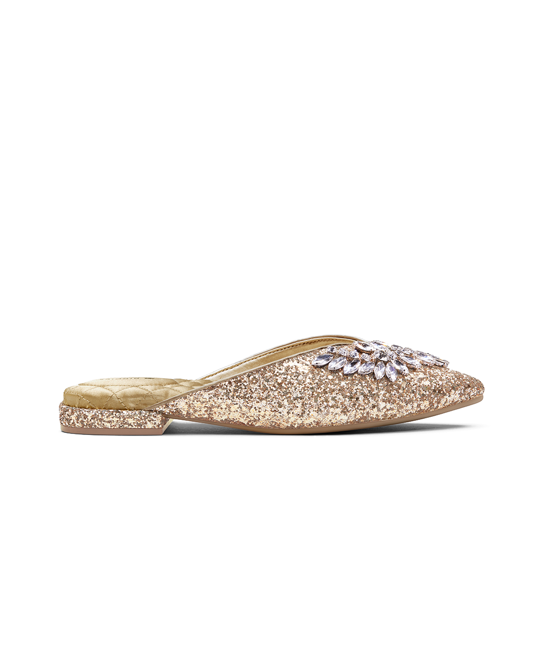 front 3/4ths view of the Swan mule in Golden Jeweled Sparkle
