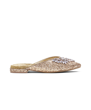 front 3/4ths view of the Swan mule in Golden Jeweled Sparkle