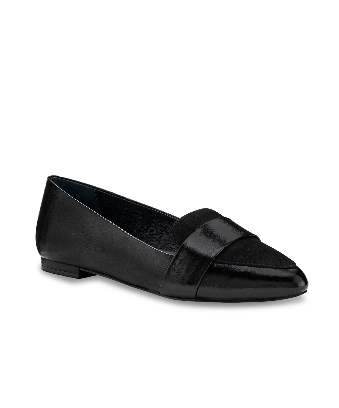 Women's Blackbird loafer in black leather with a suede almond toe, wide strap, and polished outsole with an 11 mm heel. Front angled view. 