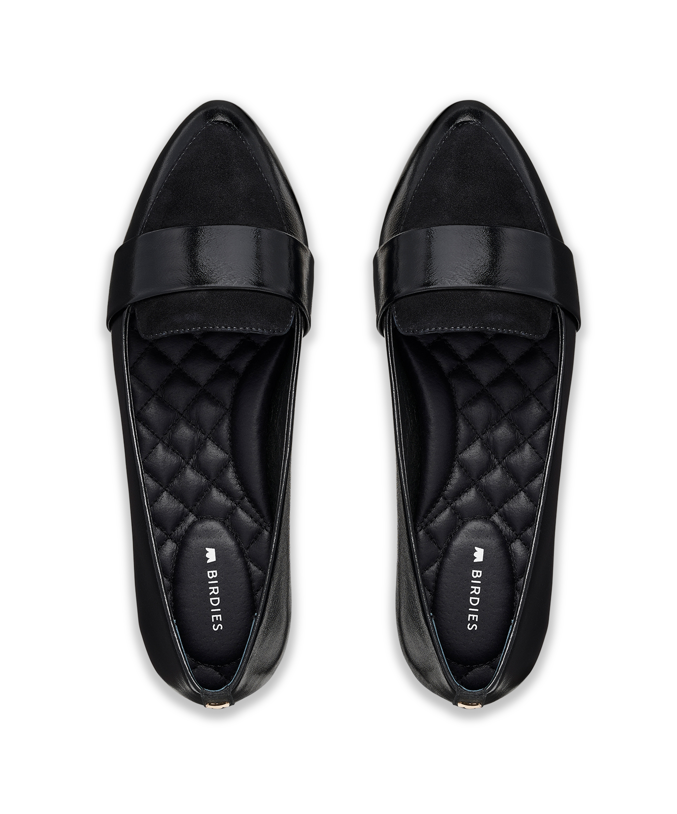 hover | Women's Blackbird loafer in black leather with a suede almond toe, wide strap, and polished outsole with an 11 mm heel. Top view.