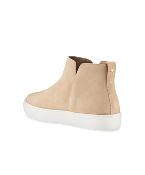 back 3/4ths view of the Falcon in Oat (light tan) Suede