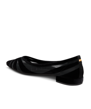 back 3/4ths view of the goldfinch 15 ballet flat in black velvet mesh
