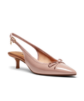 Pink patent leather slingback kitten heel with pointed toe and delicate bow detail, featuring a glossy finish. Front angle view.