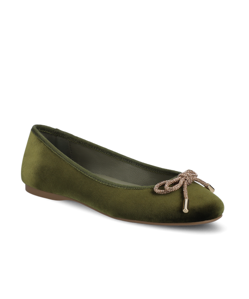 The Hummingbird | Green Velvet Jeweled Bow | Women's Ballet Flats