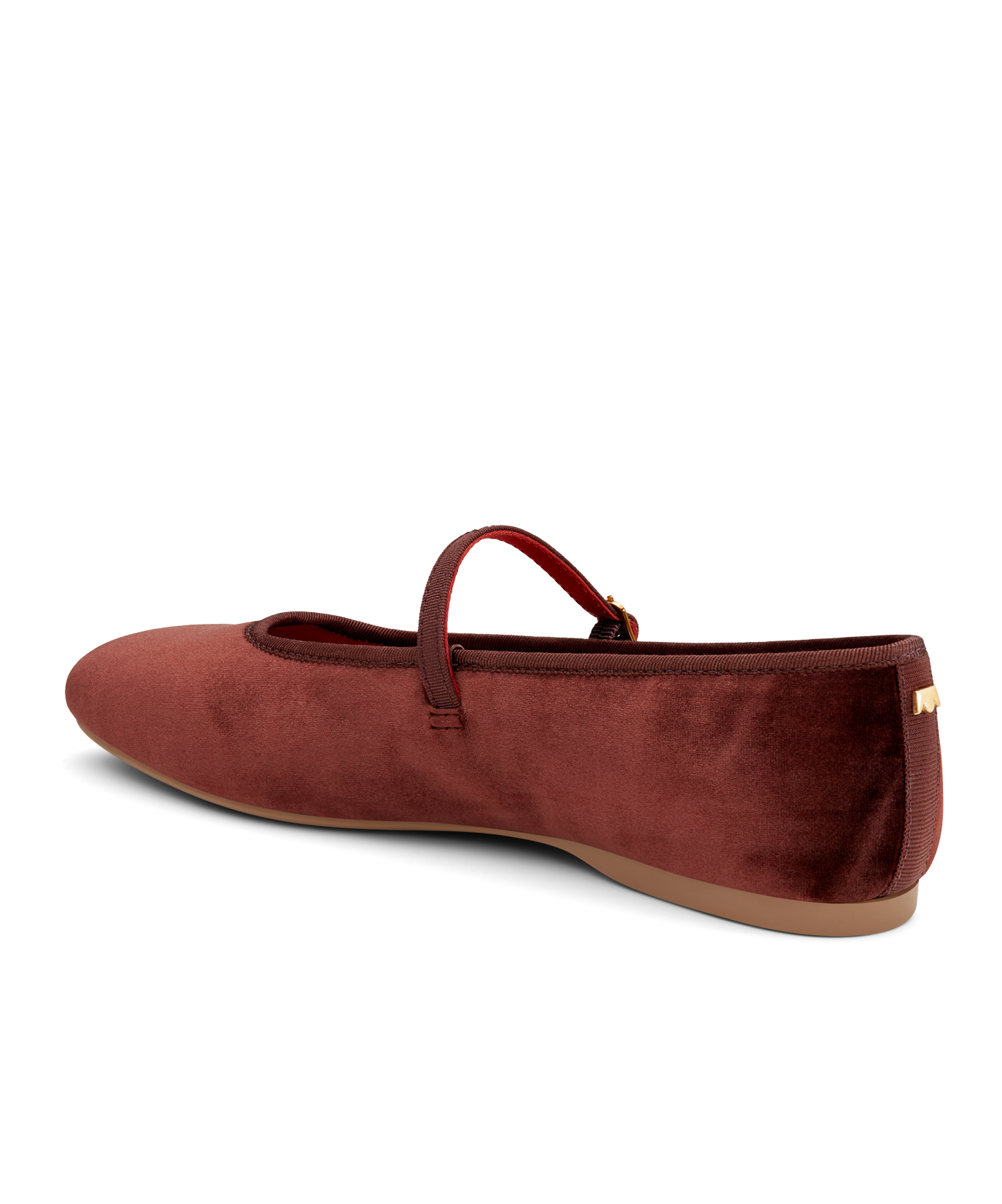 back 3/4ths view of the Hummingbird Maryjane in Brandy (brown) Velvet with a Leather strap