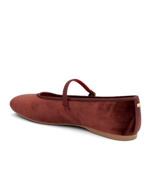 back 3/4ths view of the Hummingbird Maryjane in Brandy (brown) Velvet with a Leather strap
