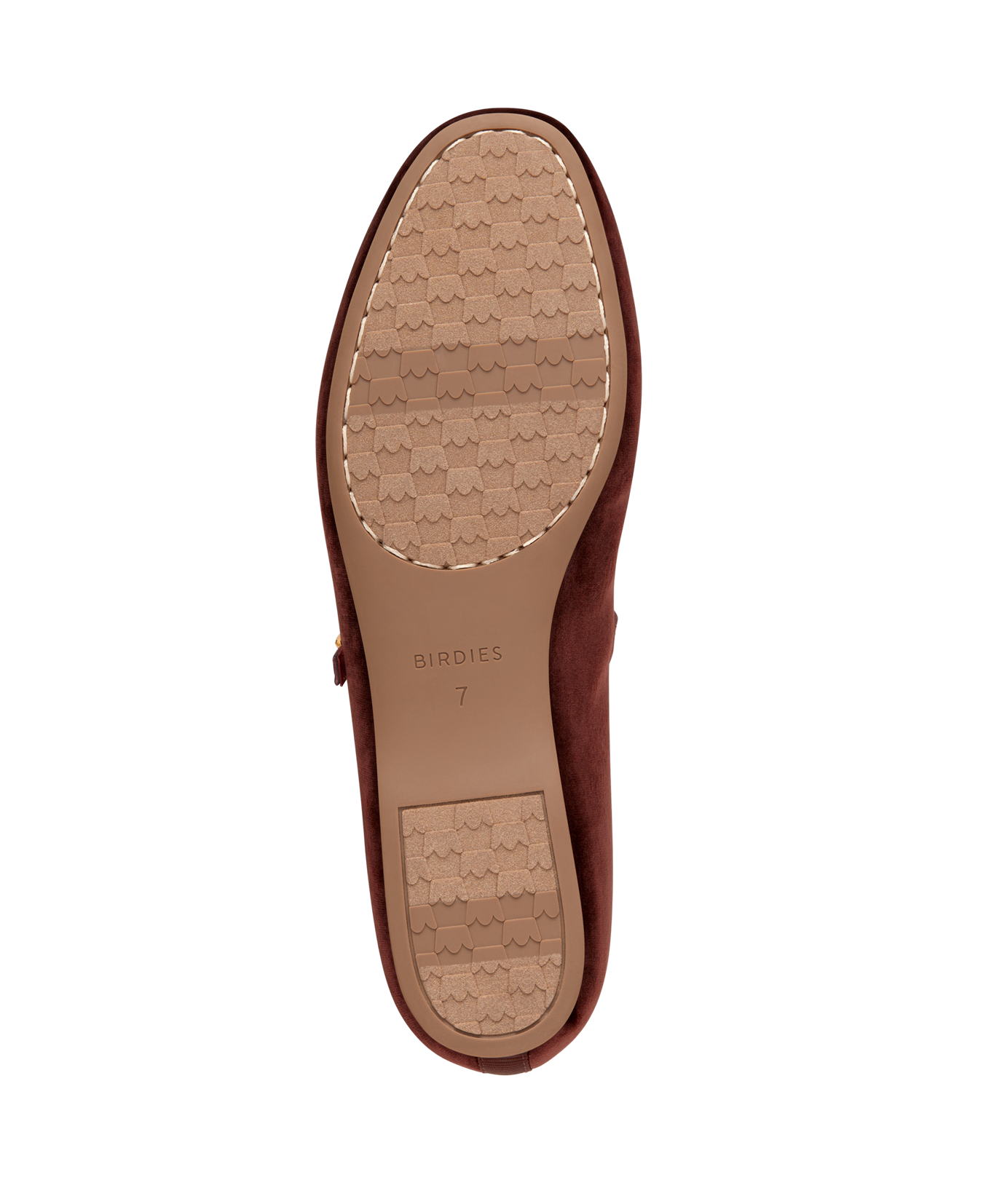 bottom view of the Hummingbird Maryjane in Brandy (brown) Velvet with a Leather strap
