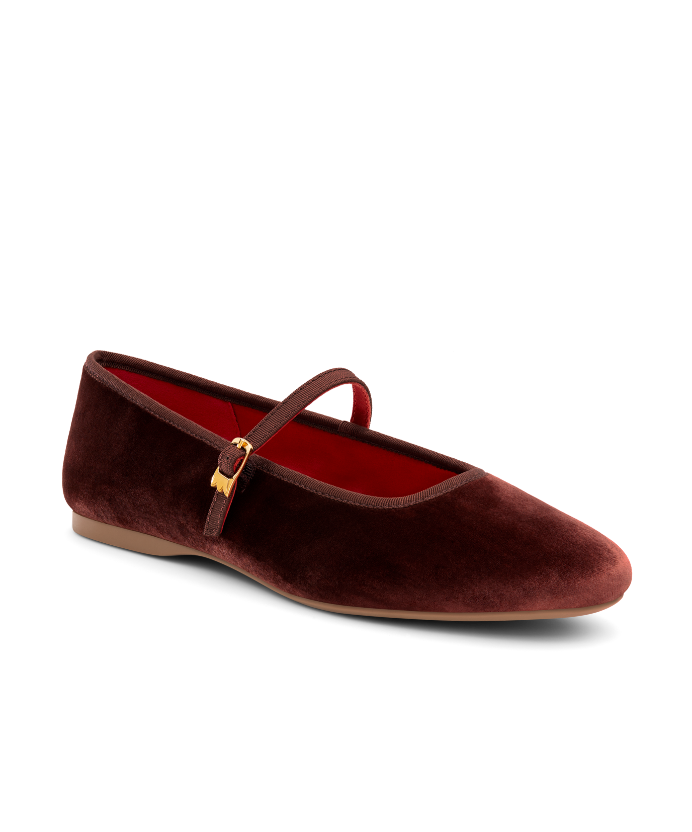 front 3/4ths view of the Hummingbird Maryjane in Brandy (brown) Velvet with a Leather strap
