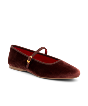 front 3/4ths view of the Hummingbird Maryjane in Brandy (brown) Velvet with a Leather strap