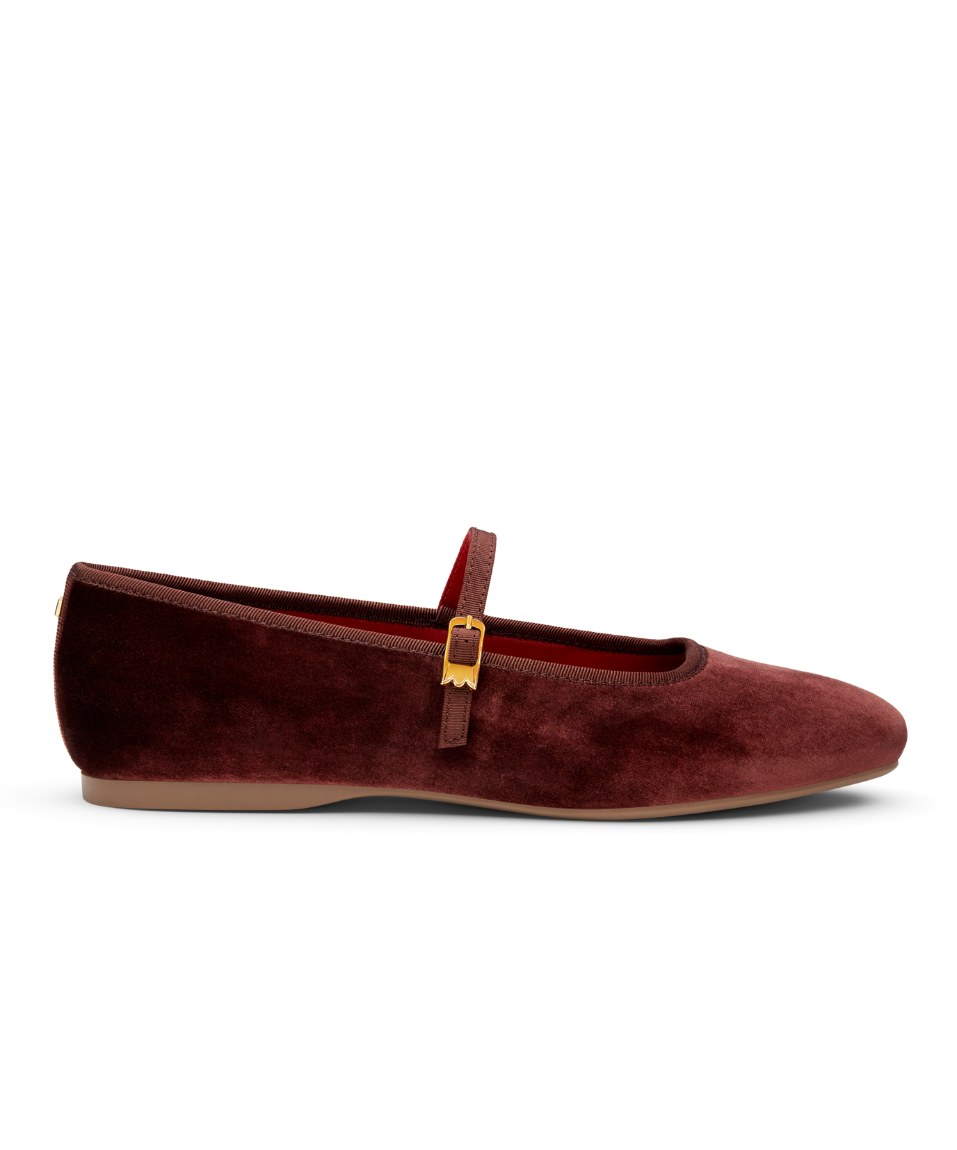 side view of the Hummingbird Maryjane in Brandy (brown) Velvet with a Leather strap