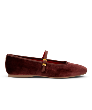 side view of the Hummingbird Maryjane in Brandy (brown) Velvet with a Leather strap