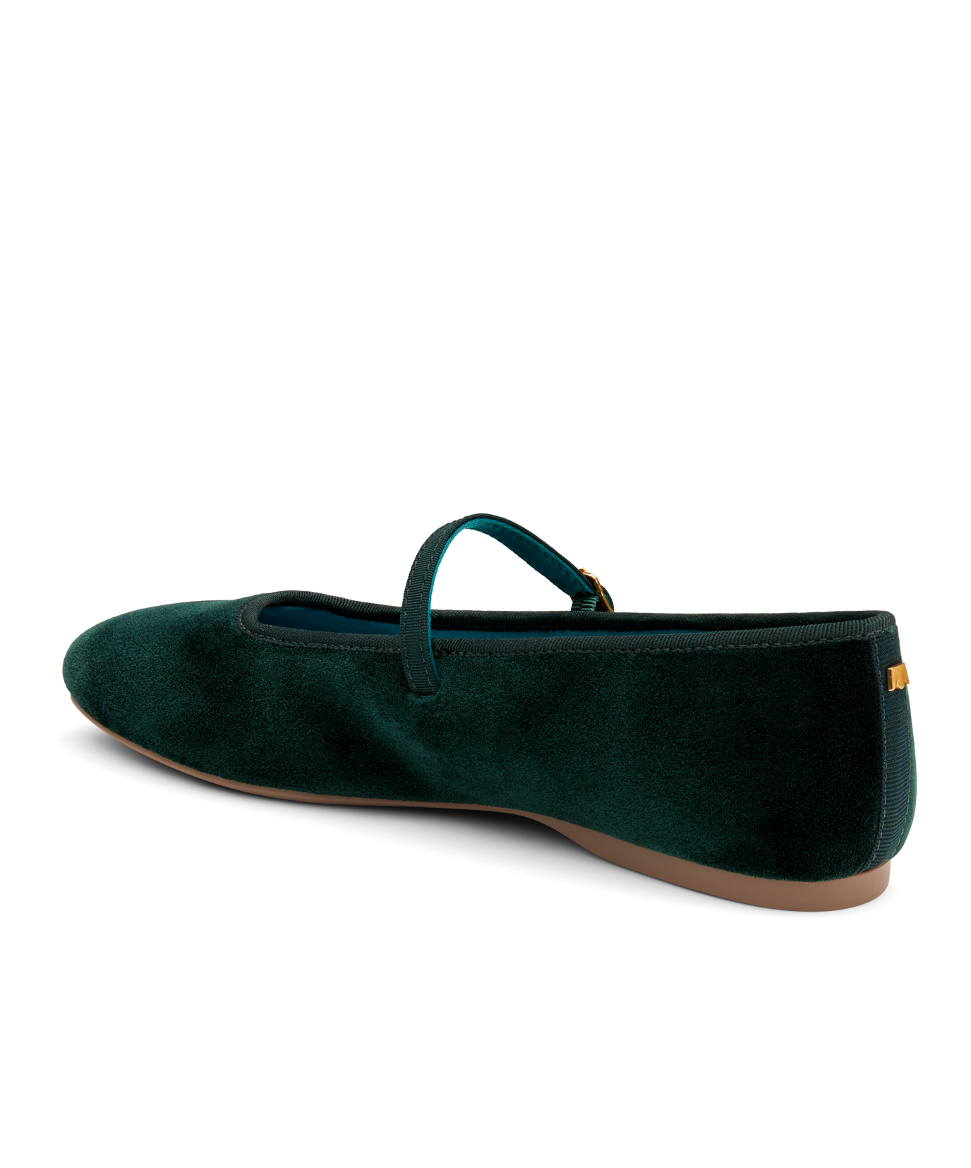back 3/4ths view of the Hummingbird Maryjane in Dark Green Velvet with a Leather strap
