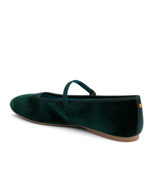 back 3/4ths view of the Hummingbird Maryjane in Dark Green Velvet with a Leather strap