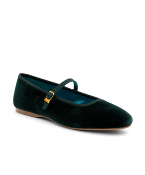 front 3/4ths view of the Hummingbird Maryjane in Dark Green Velvet with a Leather strap