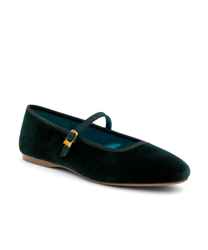 front 3/4ths view of the Hummingbird Maryjane in Dark Green Velvet with a Leather strap