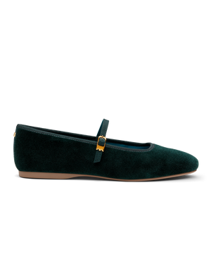 side view of the Hummingbird Maryjane in Dark Green Velvet with a Leather strap