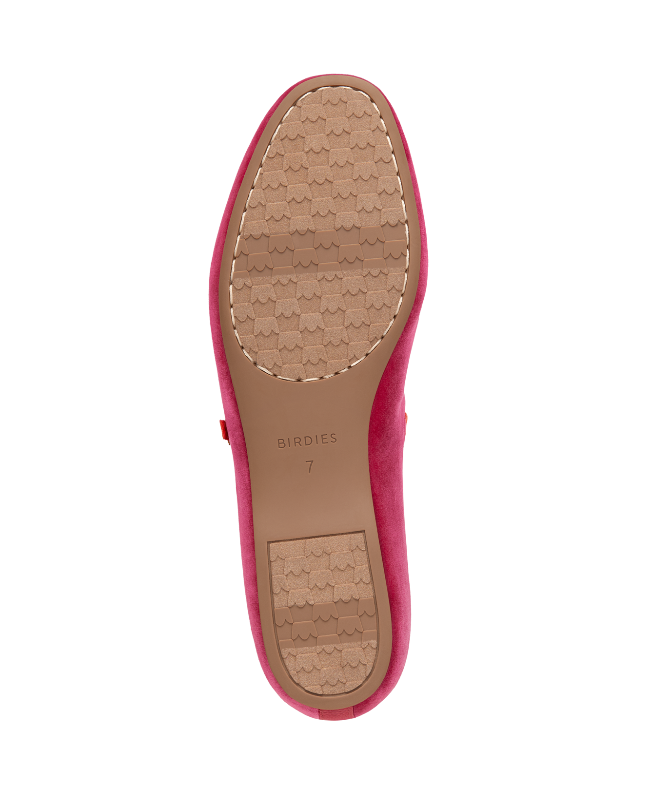 bottom view of the Hummingbird Maryjane in Hot Pink Velvet with an orange Leather strap