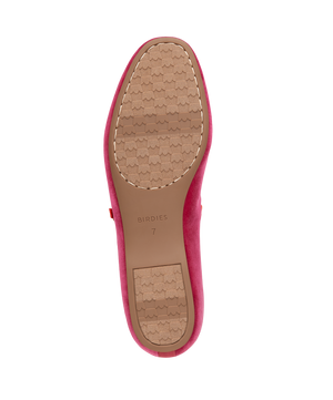 bottom view of the Hummingbird Maryjane in Hot Pink Velvet with an orange Leather strap