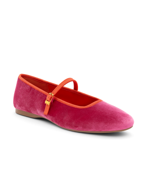 front 3/4ths view of the Hummingbird Maryjane in Hot Pink Velvet with an orange Leather strap