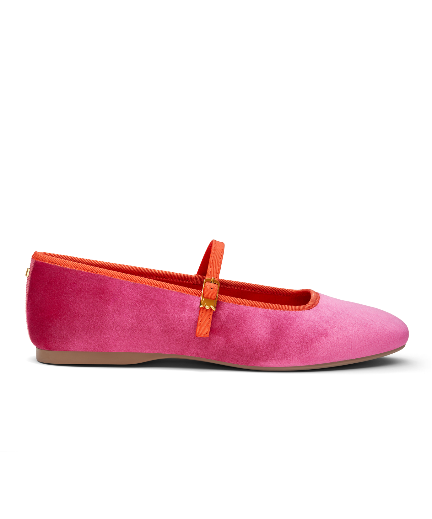 side view of the Hummingbird Maryjane in Hot Pink Velvet with an orange Leather strap