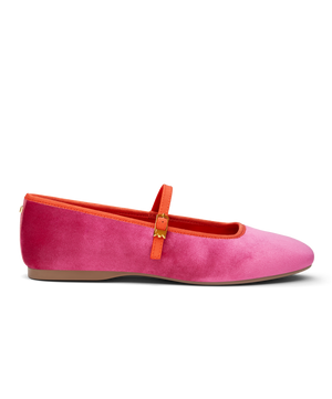 side view of the Hummingbird Maryjane in Hot Pink Velvet with an orange Leather strap