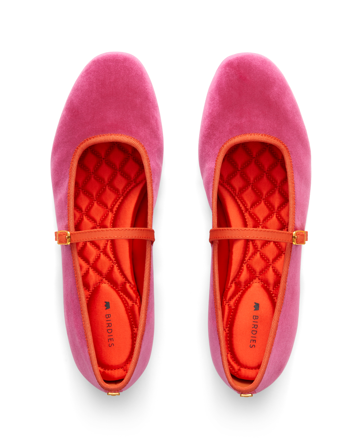 hover | top view of the Hummingbird Maryjane in Hot Pink Velvet with an orange Leather strap