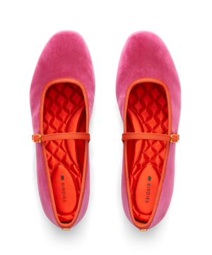 hover | top view of the Hummingbird Maryjane in Hot Pink Velvet with an orange Leather strap
