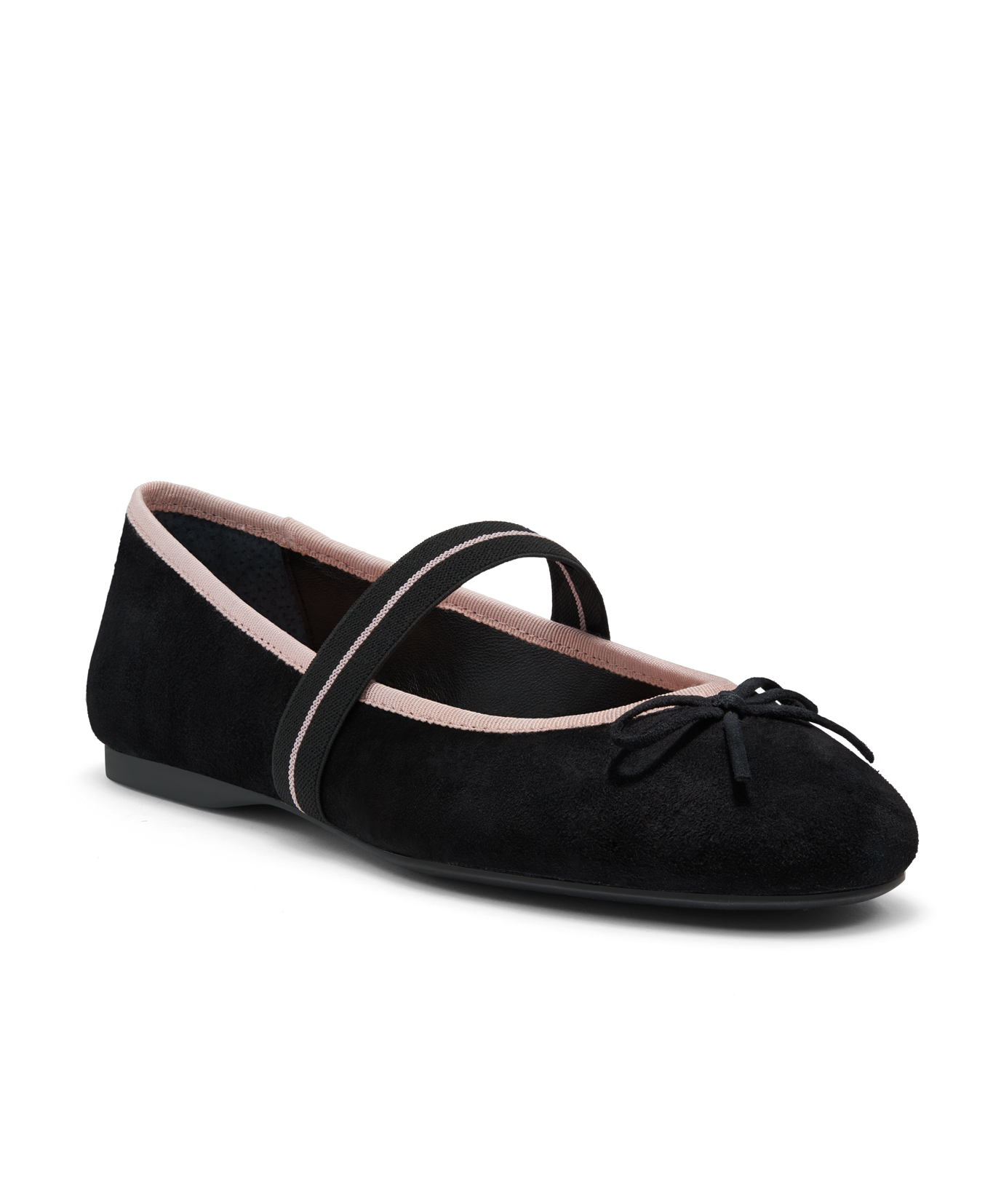 front 3/4ths view of the Hummingbird Mary Jane Black Suede with an elastic strap