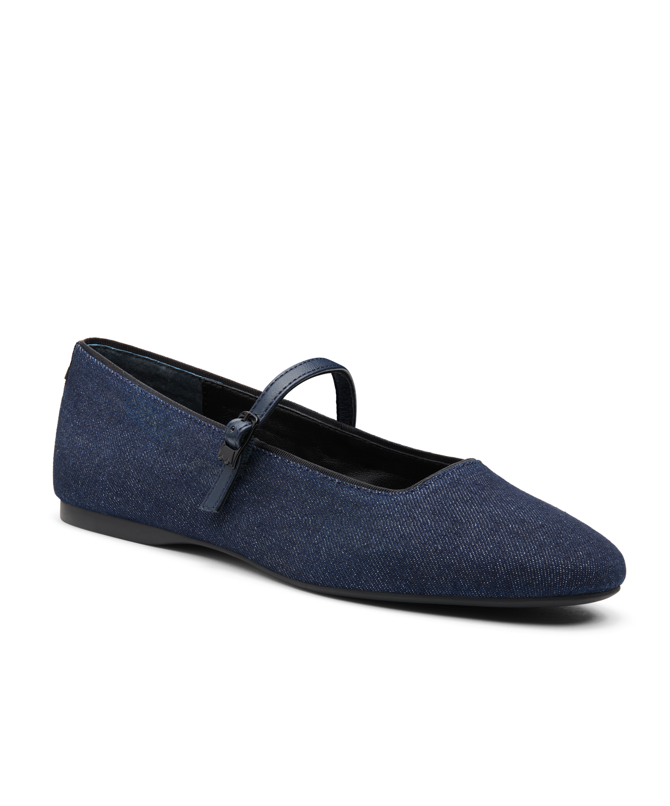 front 3/4ths view of the Hummingbird Mary Jane in Denim (blue) with a Leather strap