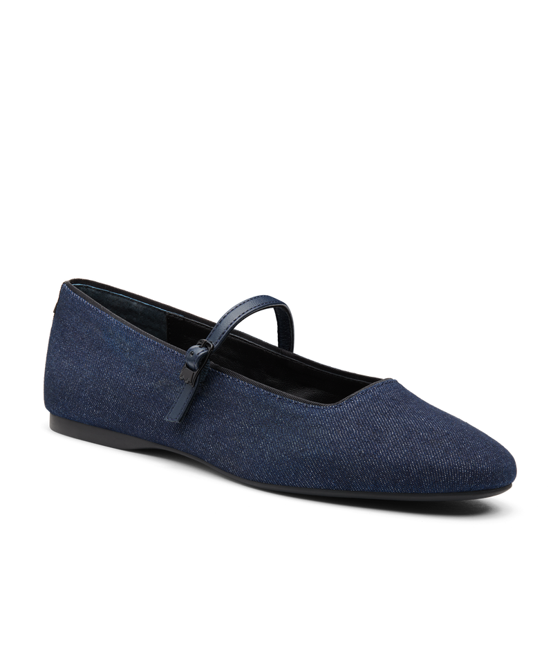 front 3/4ths view of the Hummingbird Mary Jane in Denim (blue) with a Leather strap