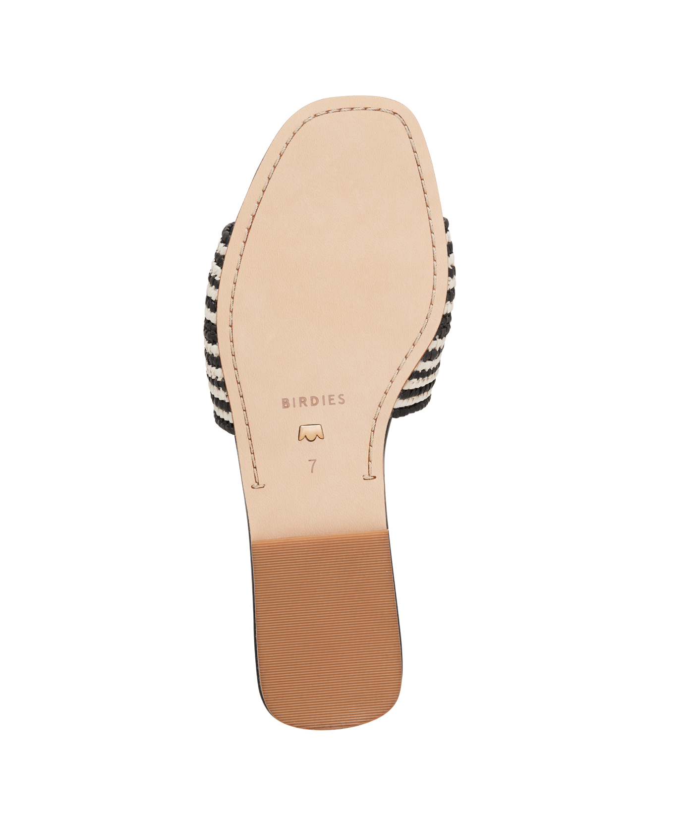 bottom view of the Kiwi sandal in Black & white Raffia