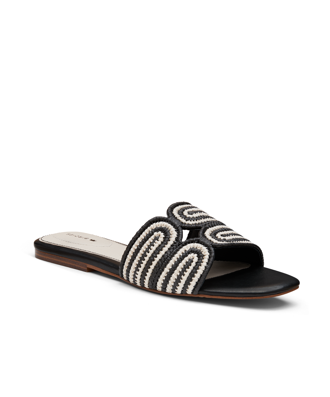 front 3/4ths view of the Kiwi sandal in Black & white Raffia