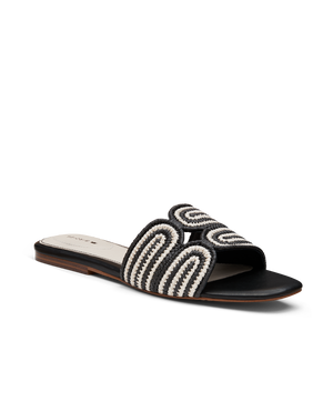 front 3/4ths view of the Kiwi sandal in Black & white Raffia