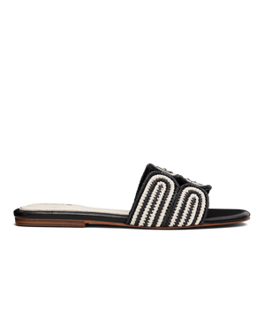 side view of the Kiwi sandal in Black & white Raffia