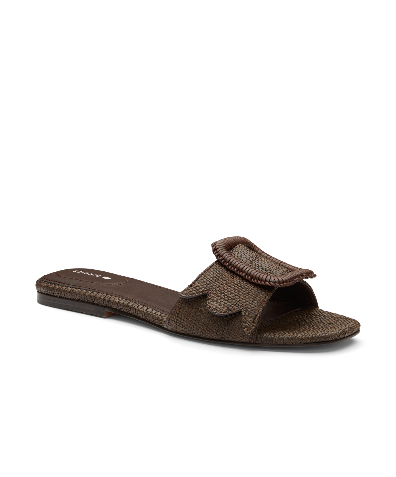front 3/4ths view of the Kiwi sandal in Chocolate (brown) raffia