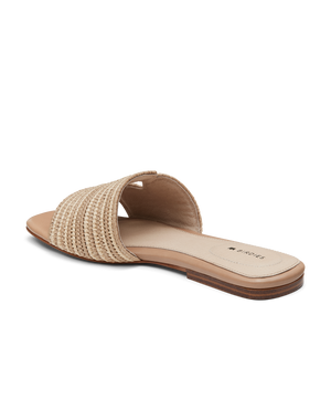 back 3/4ths view of the Kiwi Sandal in Sand (tan) raffia 