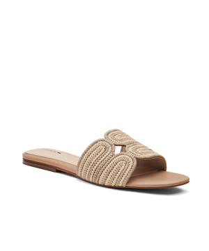 front 3/4ths view of the Kiwi Sandal in Sand (tan) raffia 