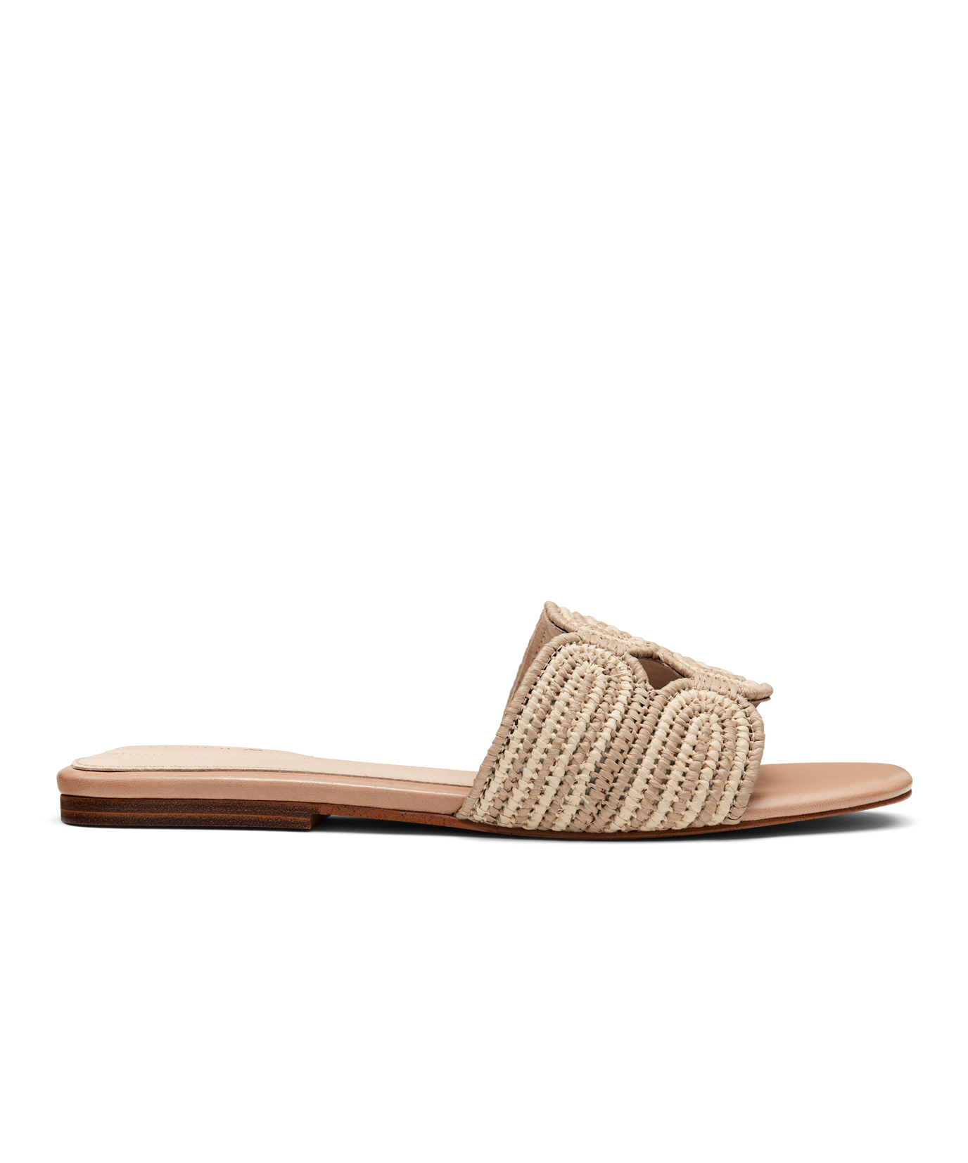 side view of the Kiwi Sandal in Sand (tan) raffia 