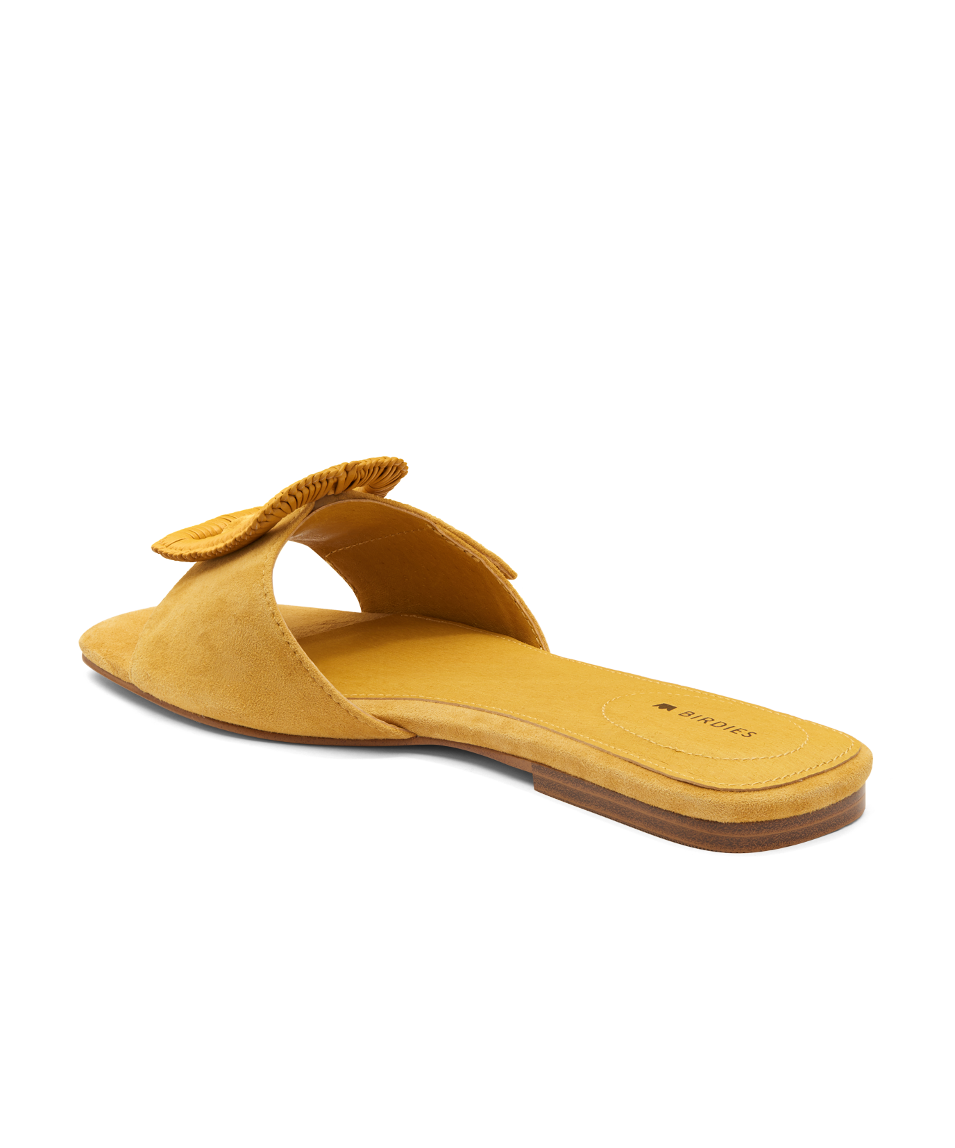 back 3/4ths view of the Kiwi Sandal in Sunflower (yellow) Suede