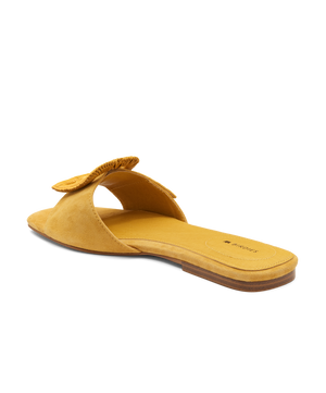 back 3/4ths view of the Kiwi Sandal in Sunflower (yellow) Suede