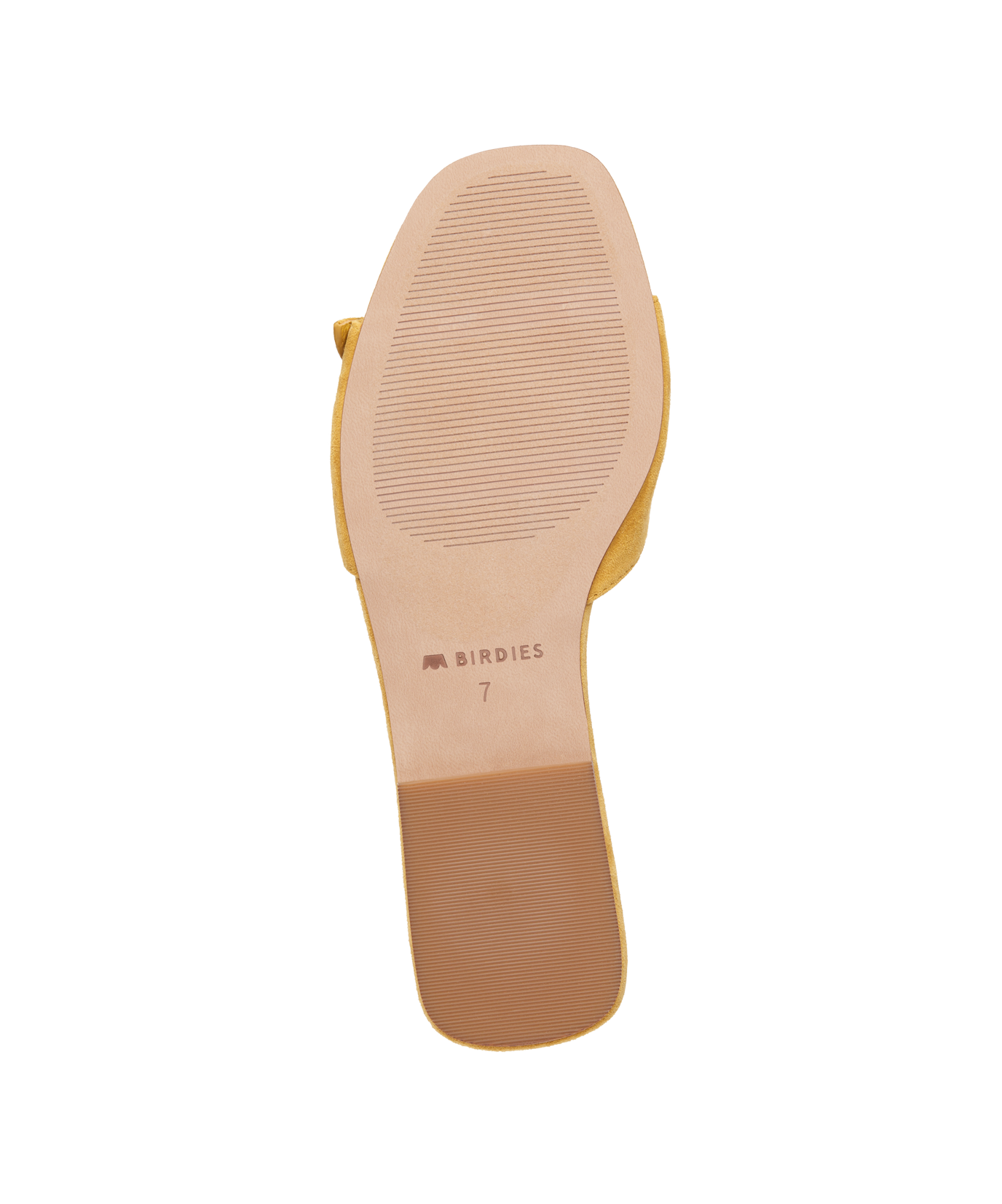 bottom view of the Kiwi Sandal in Sunflower (yellow) Suede
