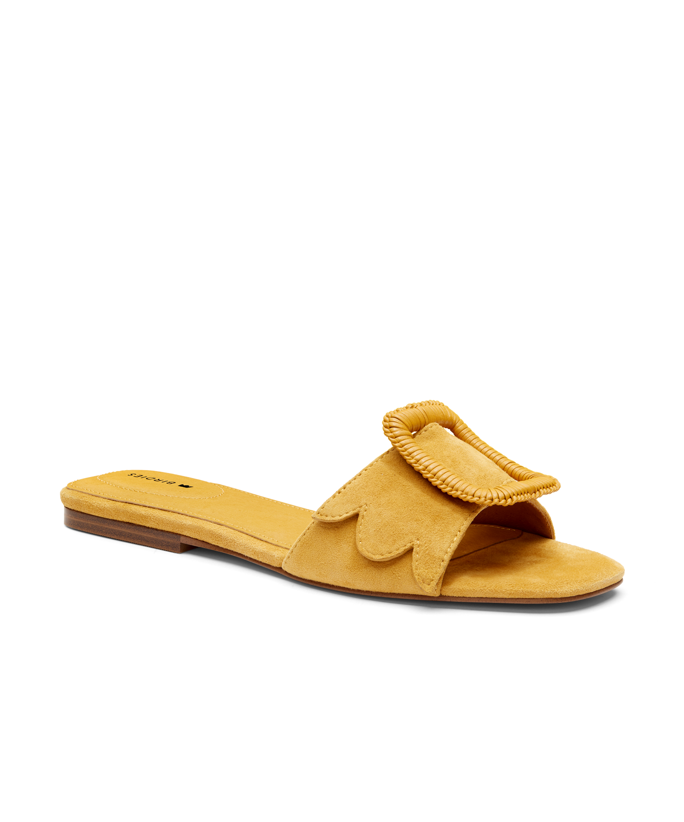 front 3/4ths view of the Kiwi Sandal in Sunflower (yellow) Suede