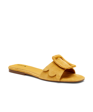 front 3/4ths view of the Kiwi Sandal in Sunflower (yellow) Suede