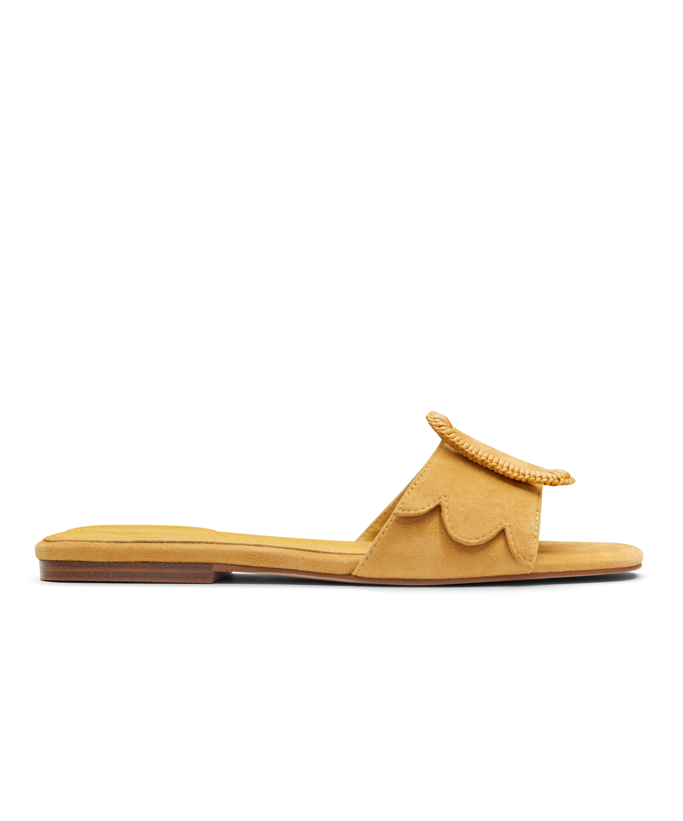 side view of the Kiwi Sandal in Sunflower (yellow) Suede